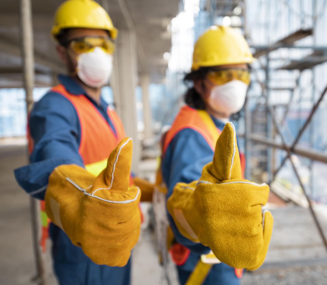 Site workers in safety gear giving a thumbs up